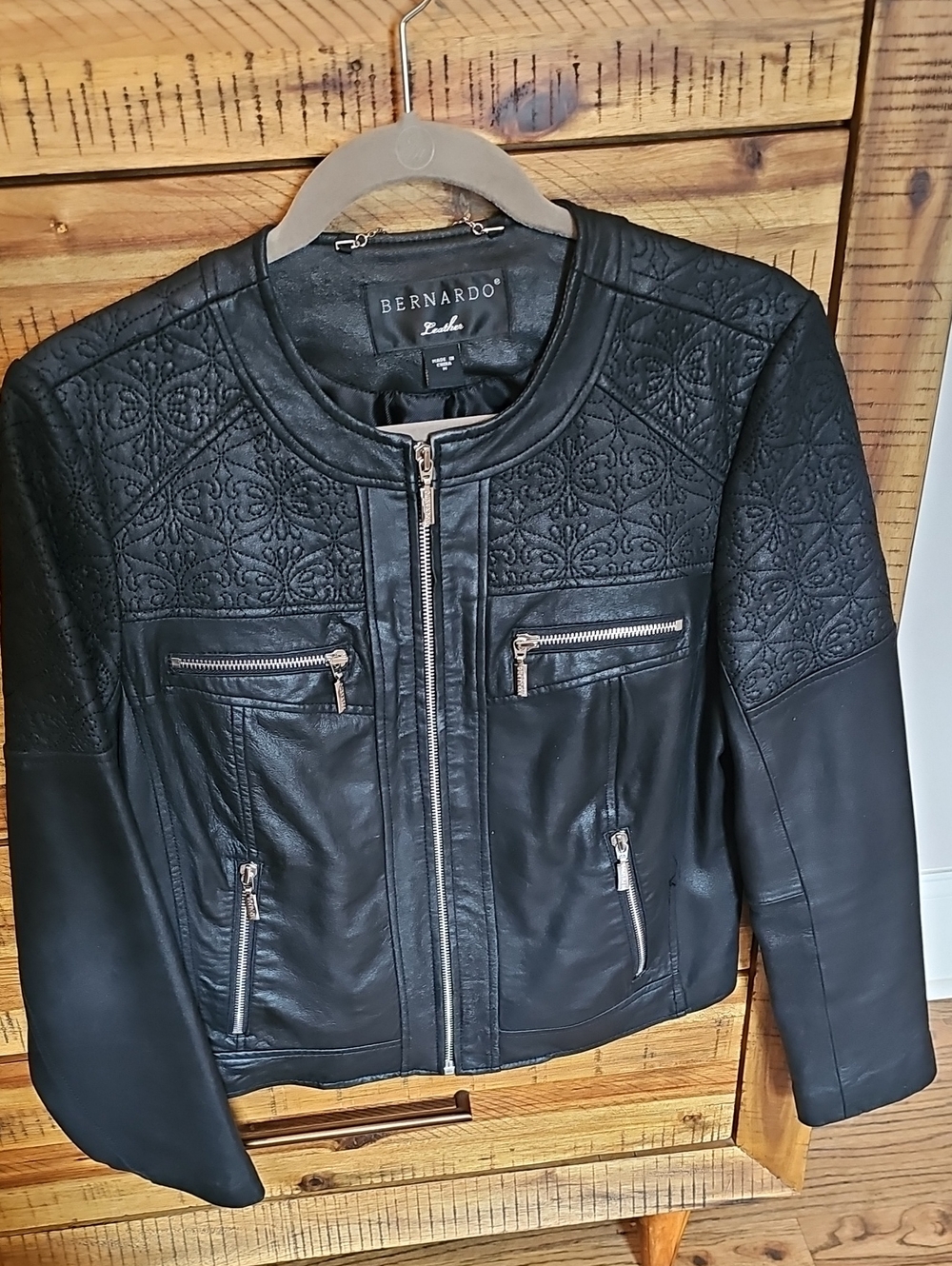 Bernardo Black Quilted Yoke Leather Jacket